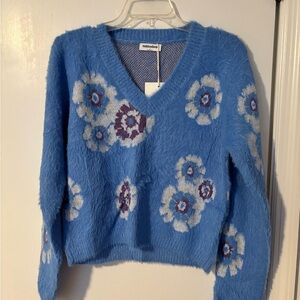 Mittoshop Blue Floral V-Neck Sweater